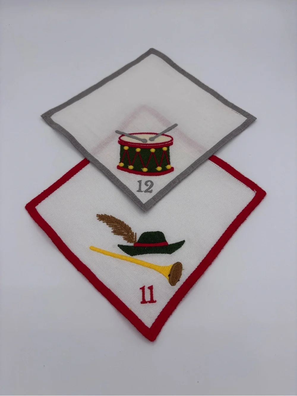 Vintage 12 Days of Christmas Embroidered Linen Blend Cocktail Napkins Set of 10